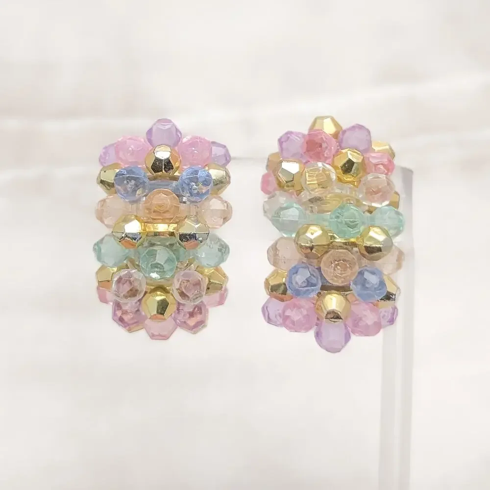 Vintage Clip On Earrings Extra Large Gold Tone & Pastel Tones - Condition Issues